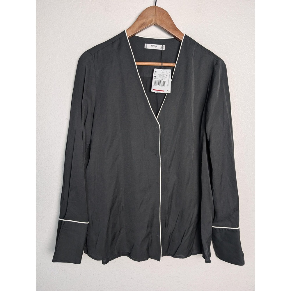 Mango Blouse Womens M Black V-Neck Long Sleeve Contrasting Trim Lightweight